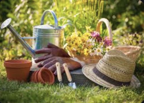 outils et vêtement de jardinage poser sur le sol